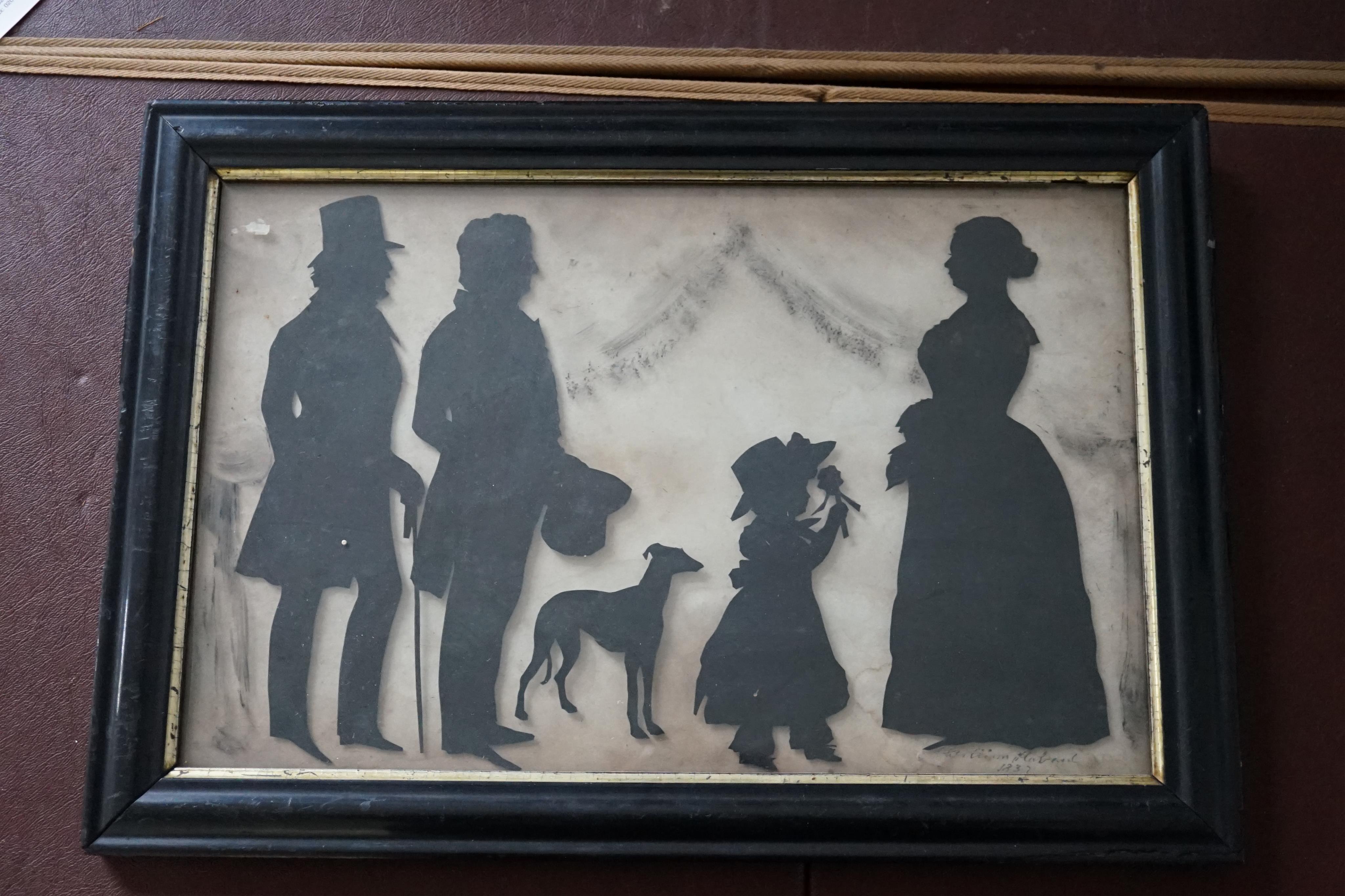 Hubbard Gallery, Family group of two gentleman, a dog, a child and a lady, cut paper silhouette on glass, 23 x 36cm